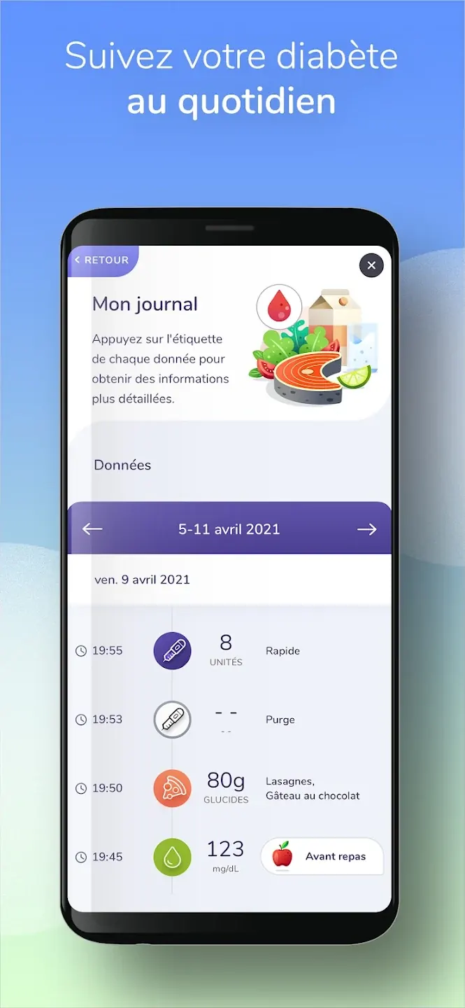 Application Gluci-Chek : journal quotidien du diabète listant injections d'insuline, glucides des repas et mesures de glycémie