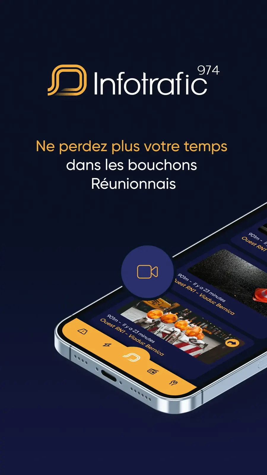 Application Infotrafic974 : visuel de store contre les bouchons réunionnais, avec des alertes trafic en images sur la RN1