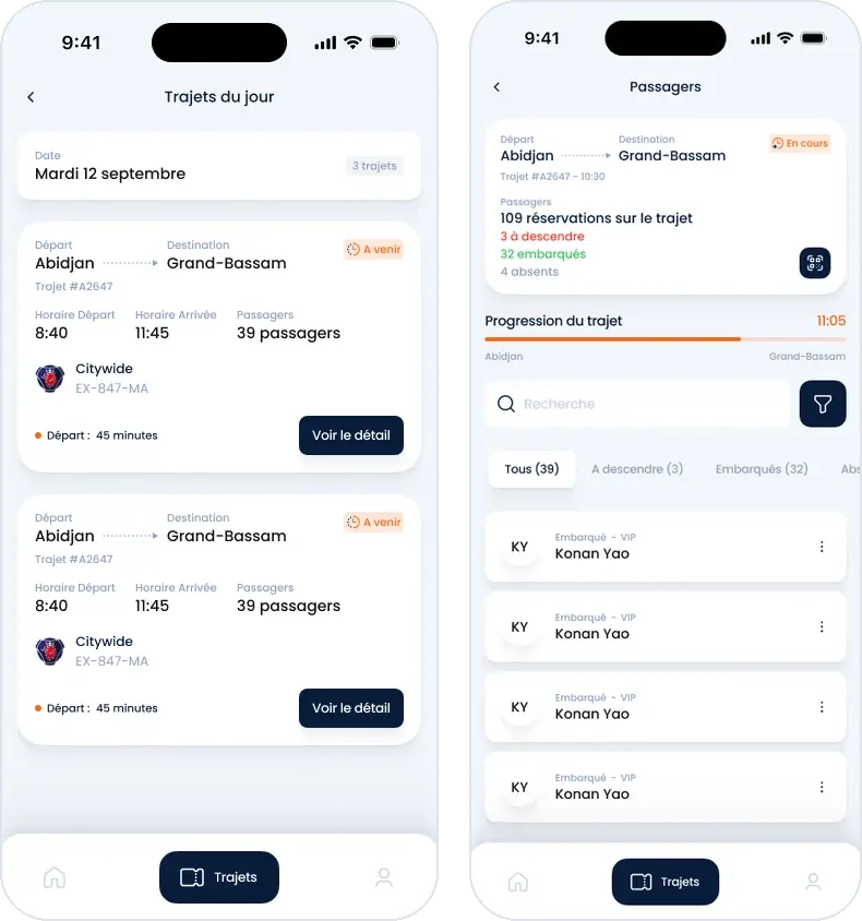 Application Ivoire Mobilité côté équipage : trajets du jour avec horaires, puis suivi des passagers embarqués, à descendre et absents