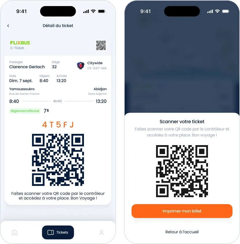 Application Ivoire Mobilité : détail d'un e-ticket de car avec trajet, siège et QR code à faire scanner par le contrôleur