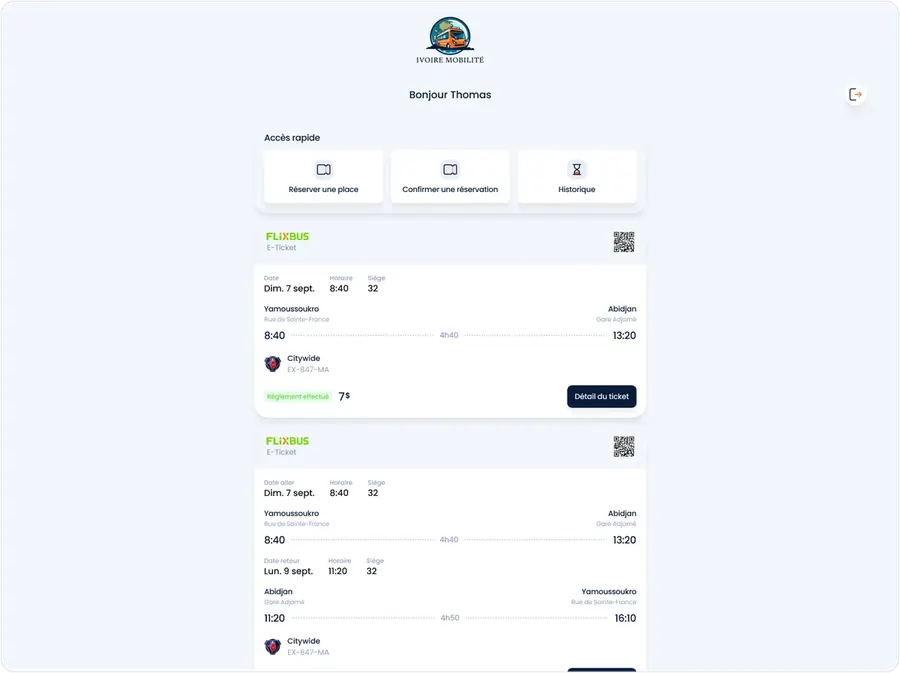 Espace web Ivoire Mobilité : accès rapide pour réserver ou confirmer une place et liste des e-tickets du voyageur