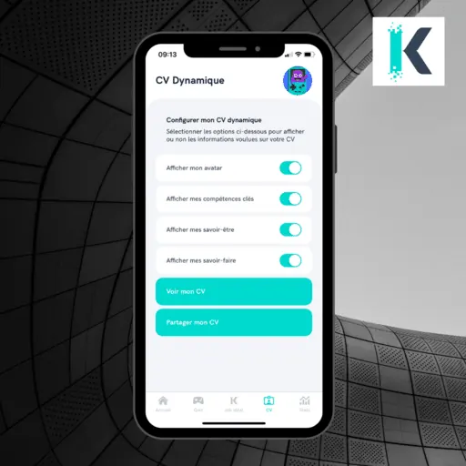 Application Koann : réglages du CV dynamique pour afficher avatar, compétences clés, savoir-être et savoir-faire, puis le partager