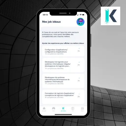 Application Koann : liste des métiers idéaux proposés selon les compétences identifiées dans le parcours de l'utilisateur