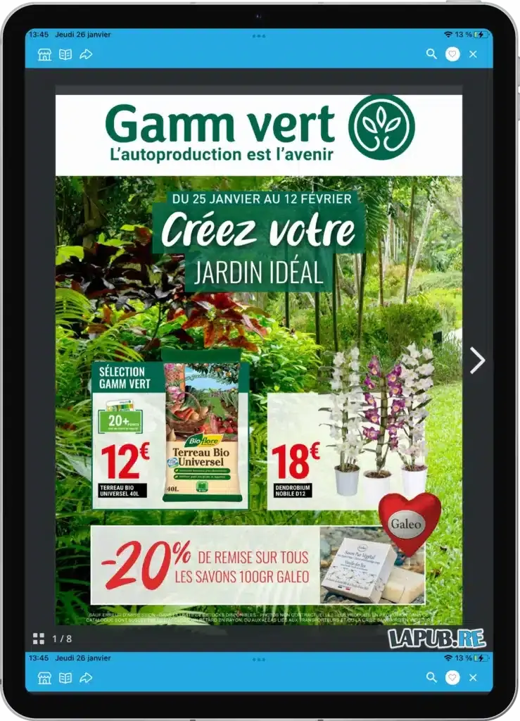 Application LAPUB.RE sur tablette : feuilletage page par page du catalogue promotionnel d'une jardinerie