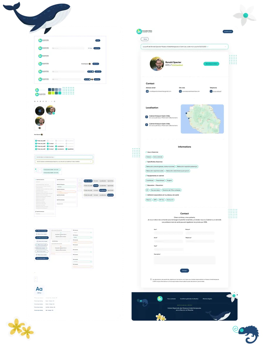 Annuaire Kiné MK OI : maquette d'une fiche praticien avec contact, carte de localisation et spécificités, entourée d'éléments du design system