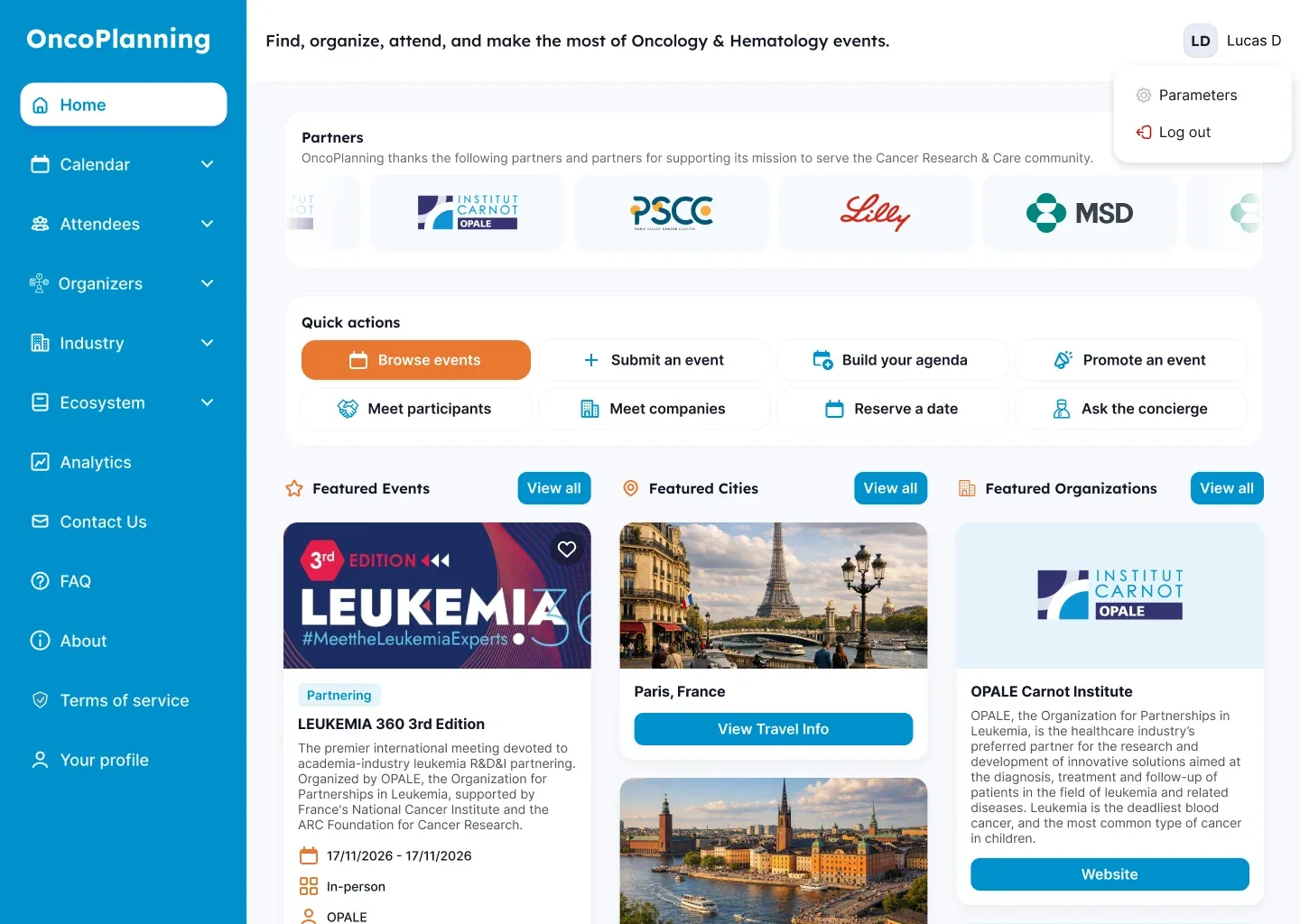 Page d'accueil de la plateforme web OncoPlanning, avec actions rapides et événements d'oncologie à la une