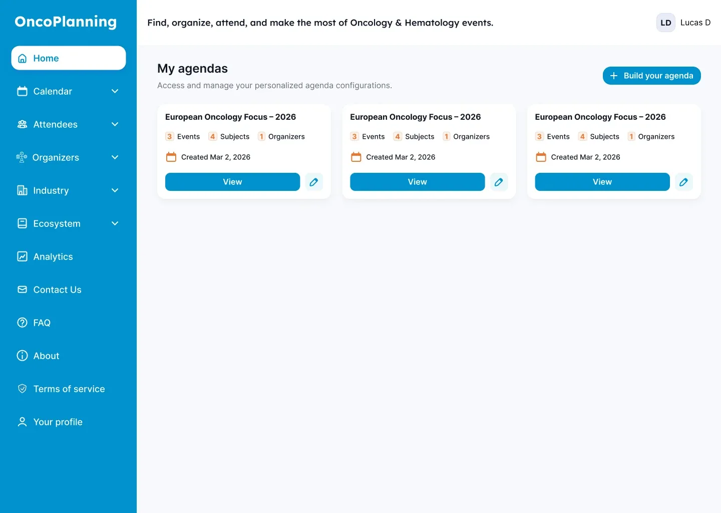 Agendas personnalisés générés par IA sur la plateforme OncoPlanning, page My agendas