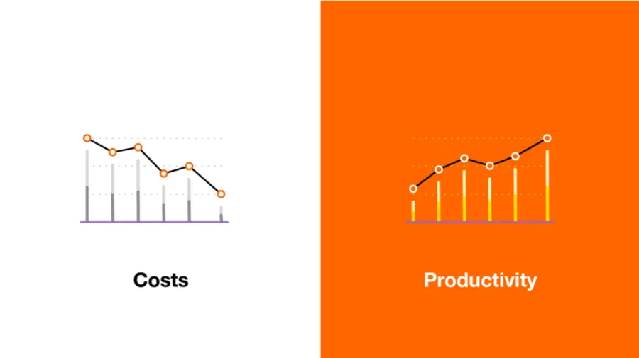 Illustration pour Orange France : deux graphiques opposant la baisse des coûts et la hausse de la productivité