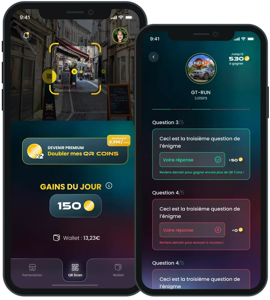 Application QR Win sur deux smartphones : scan d'un QR code avec les gains du jour en QR Coins, puis énigme à questions d'un partenaire