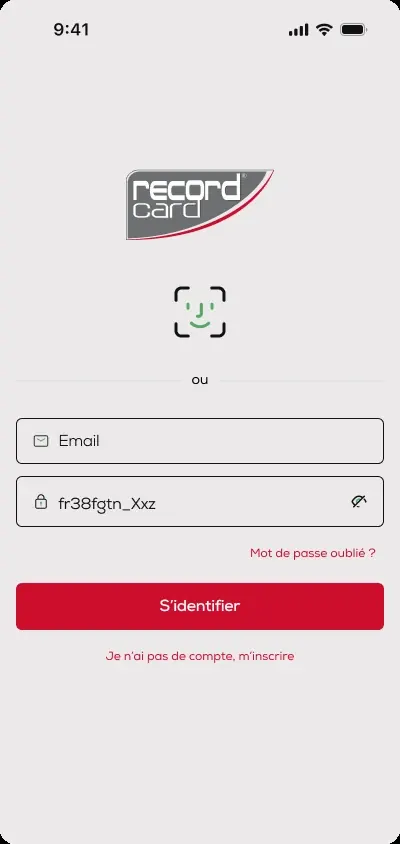 Application RecordCard : écran de connexion par reconnaissance faciale ou par e-mail et mot de passe