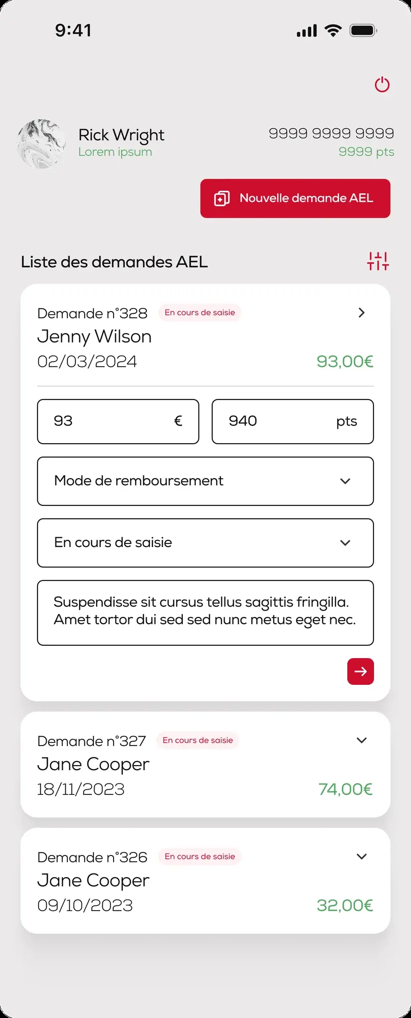 Application RecordCard : liste des demandes AEL avec leur statut