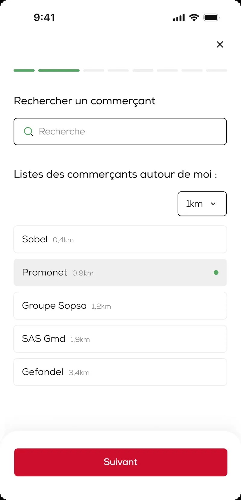 Application RecordCard : recherche d'un commerçant à proximité dans le parcours de demande, avec filtre de distance