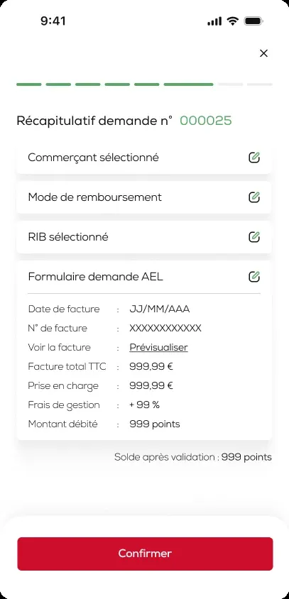 Application RecordCard : récapitulatif d'une demande AEL avec commerçant, RIB, facture et points débités avant confirmation