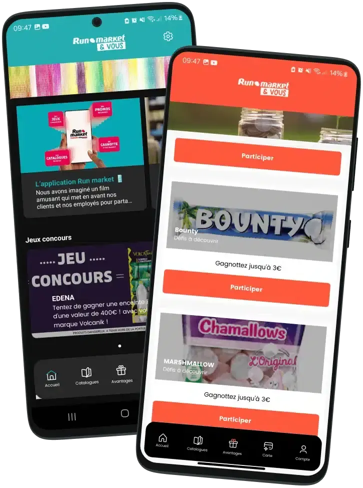 Application Run market & Vous sur deux smartphones : accueil avec jeux concours et défis marques à relever pour cagnotter