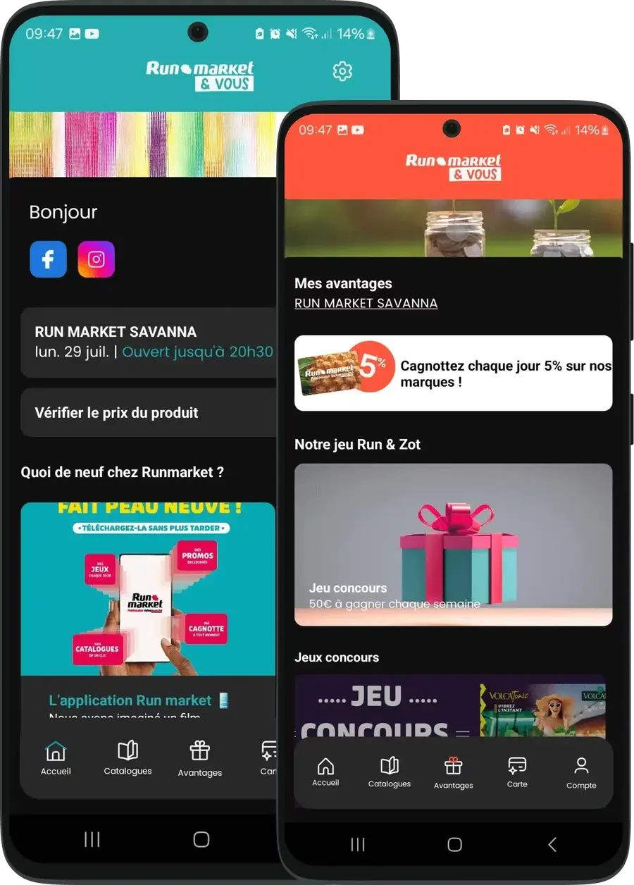 Application Run market & Vous sur deux smartphones : accueil du magasin avec horaires, vérification de prix et avantages du jour