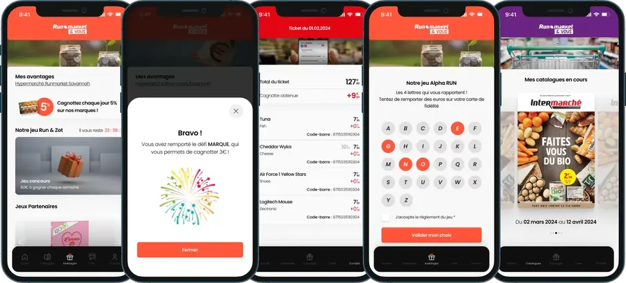 Application Run market & Vous sur cinq écrans : avantages fidélité, défi remporté, détail d'un ticket, jeu de lettres et catalogues