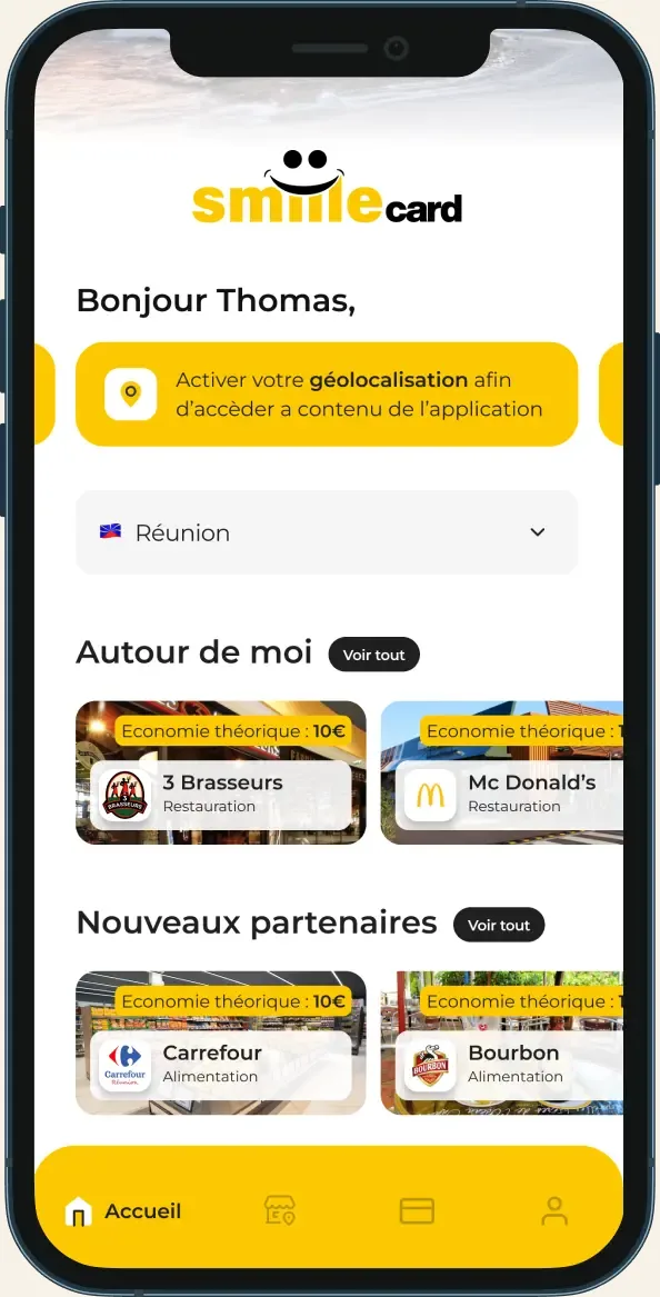 Application SmiileCard : accueil avec choix du territoire, partenaires autour de moi et nouveaux partenaires avec l'économie théorique
