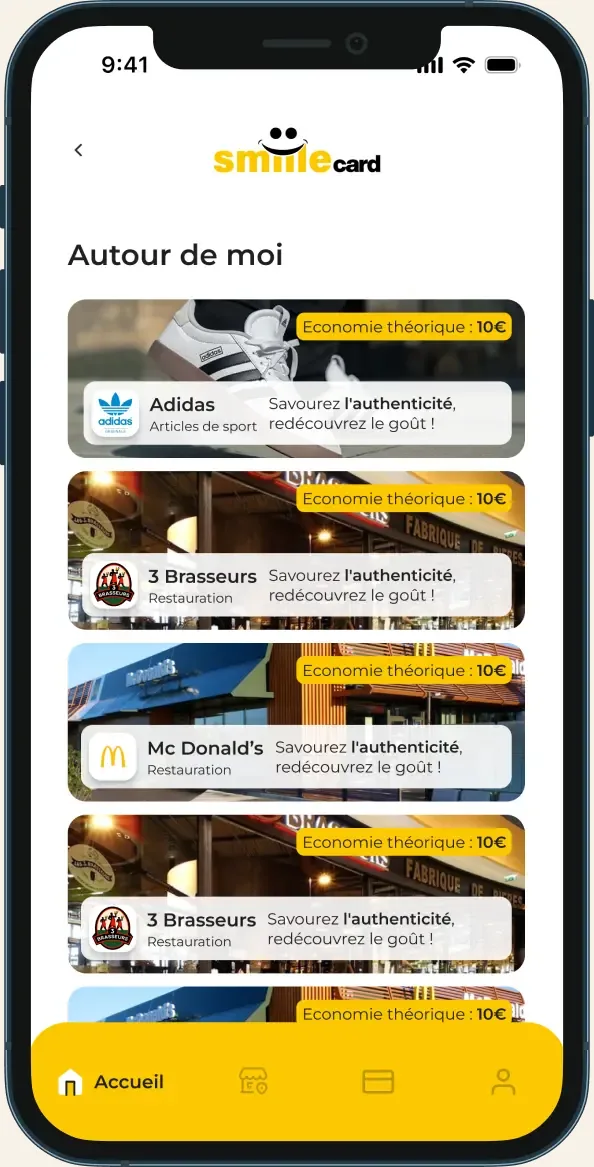 Application SmiileCard : liste des partenaires à proximité, enseignes de sport et de restauration avec l'économie théorique