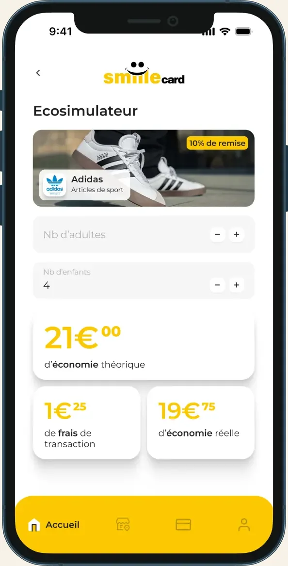 Application SmiileCard : écosimulateur calculant l'économie théorique et réelle selon le nombre d'adultes et d'enfants