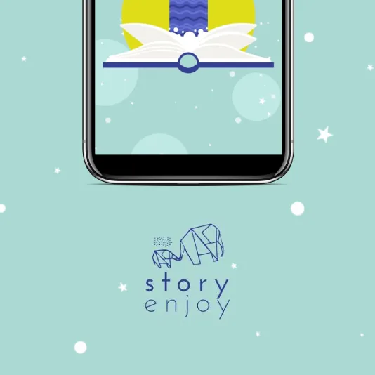 Application Story Enjoy : visuel de présentation avec un livre ouvert à l'écran du smartphone et le logo aux éléphants