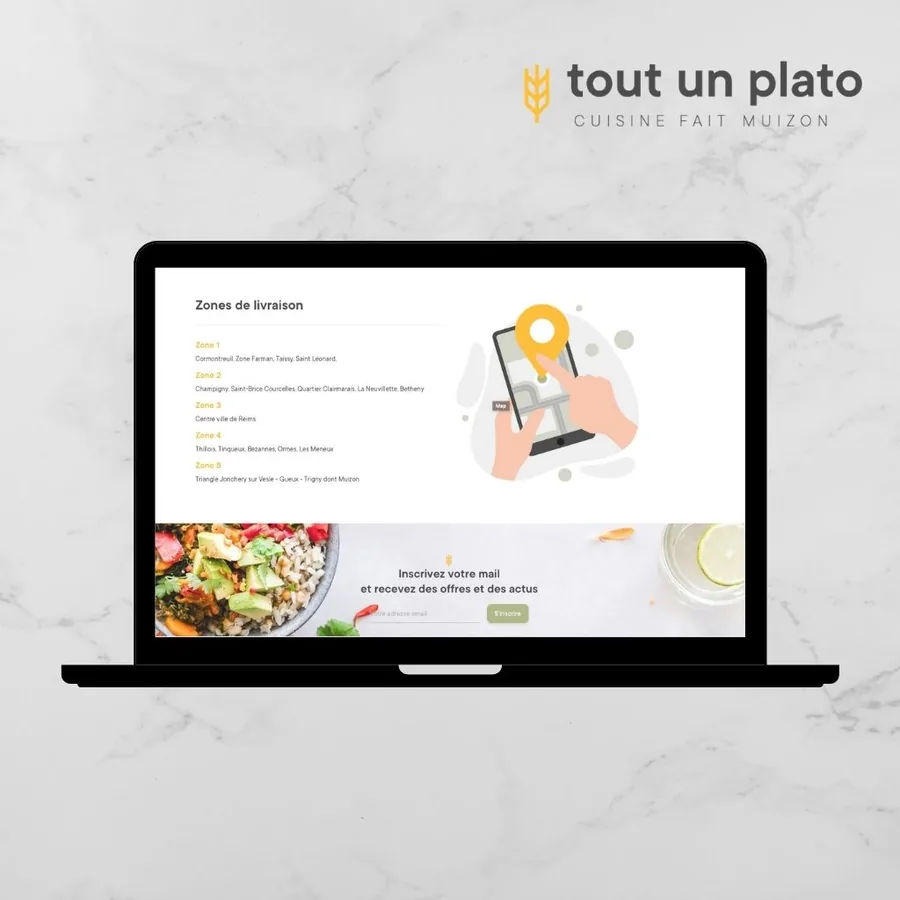 Site Tout Un Plato sur ordinateur portable : zones de livraison autour de Reims et inscription à la newsletter