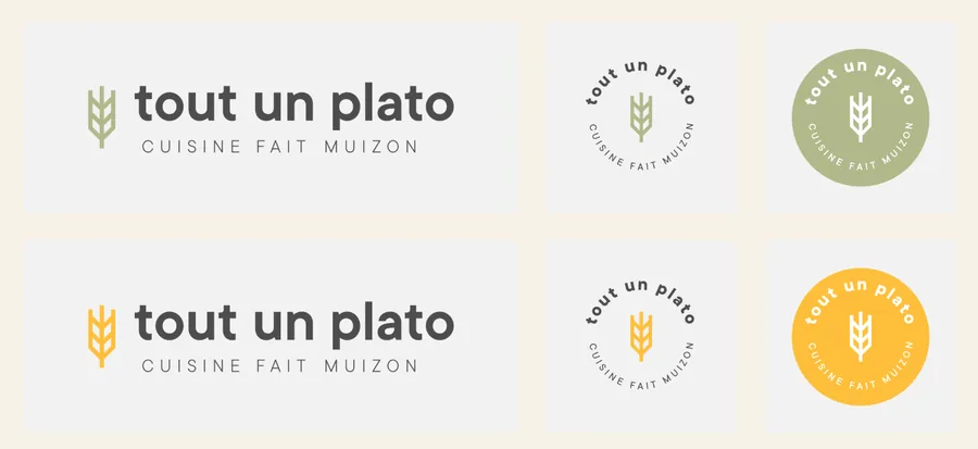 Identité Tout Un Plato : déclinaisons du logo à l'épi de blé, version horizontale et pastilles rondes en vert et en jaune