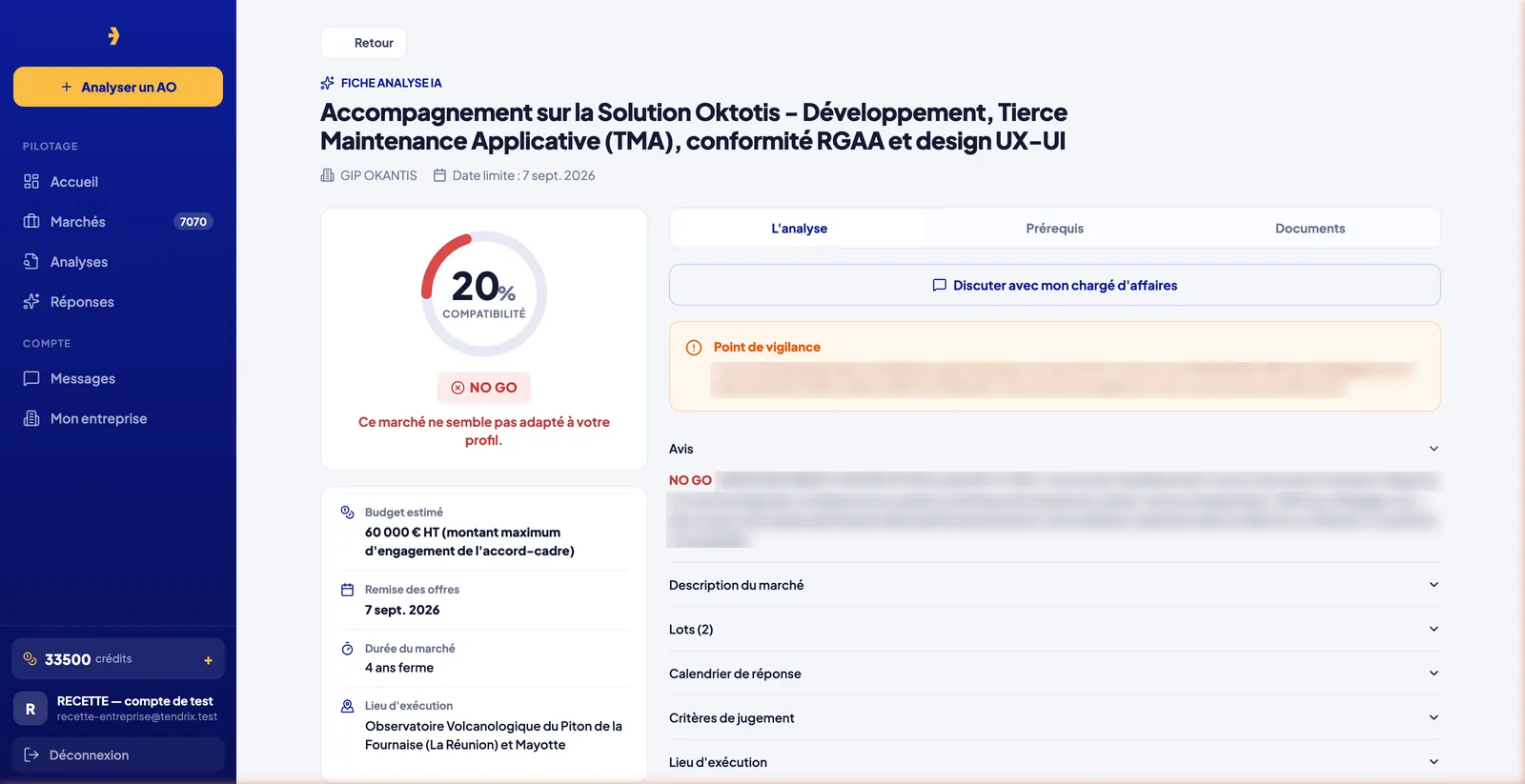 Tendrix, fiche d'analyse IA d'un appel d'offres avec score de compatibilité (environnement de recette)