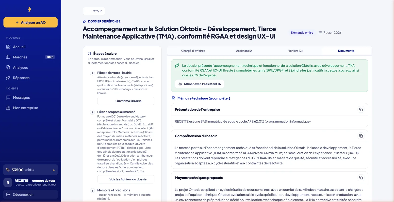 Mémoire technique rédigé section par section dans Tendrix, avec sa note de synthèse